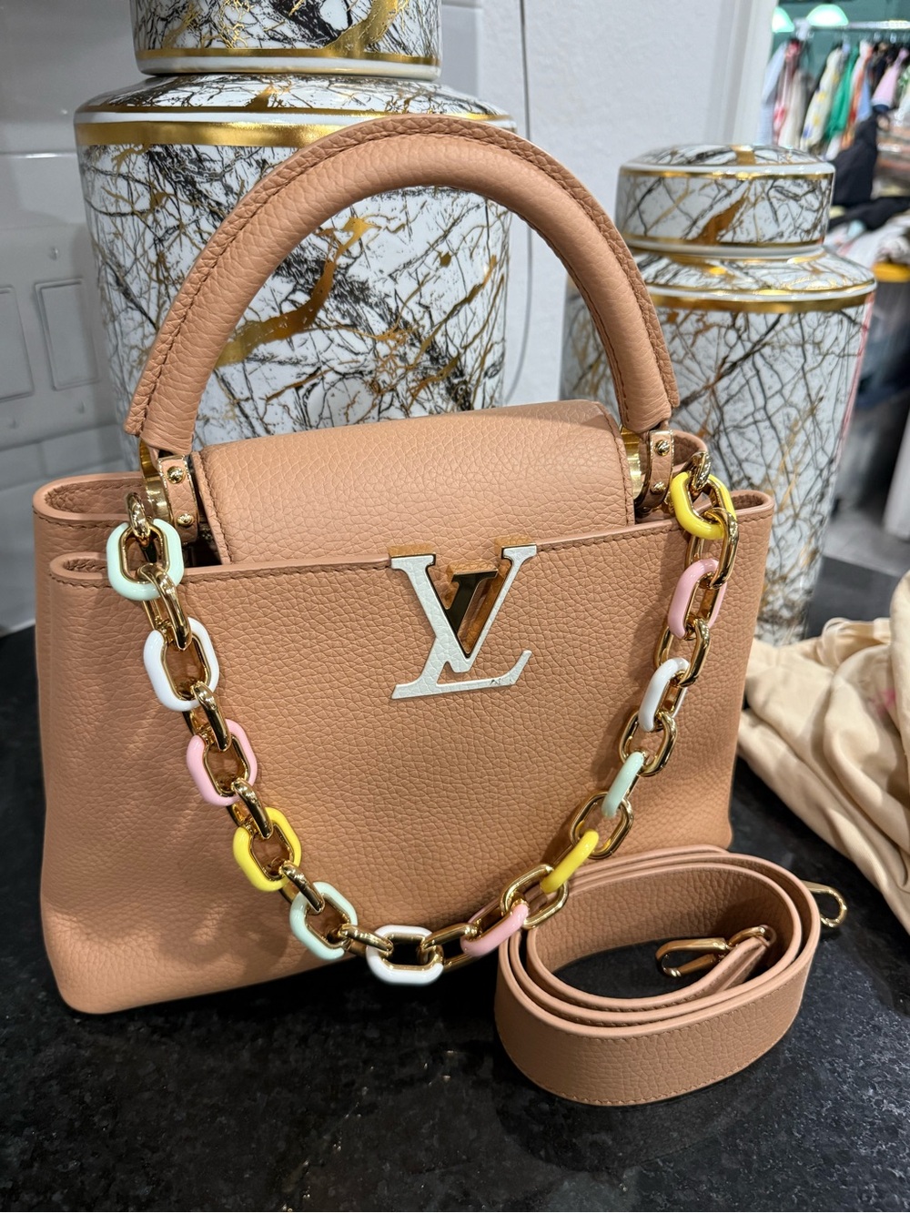 Louis Vuitton Peach/Tan Leather Top-Handle Satchel with Multicolor Chain